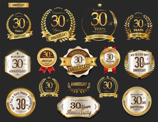 Anniversary golden laurel wreath and badges 30 years vector collection