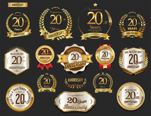 Anniversary golden laurel wreath and badges 20 years vector collection