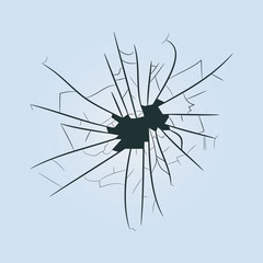 Broken glass with realistic fragments, cracks and hole. Vector illustration.