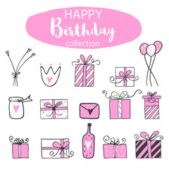 Birthday party icon set, black and pink colors.