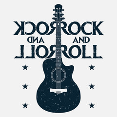 Rock and roll music grunge print with guitar. Rock-music design for t-shirt, clothes, poster. Vector illustration.