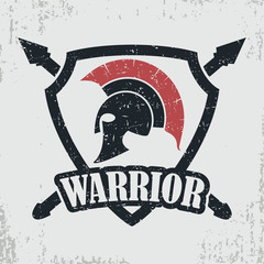 Spartan warrior stamp. Print for t-shirt with Greek or Rome helmet, design of clothes. Vector illustration.