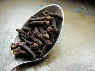 Clove dried spicy herb in silver spoon on vintage dark steel background. For food aroma and natural medicine.