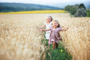 Naklejka na ściany i meble Emotional sisters run on the wheat field at sunset, the concept of freedom and childhood, lifestyle, pastel colors