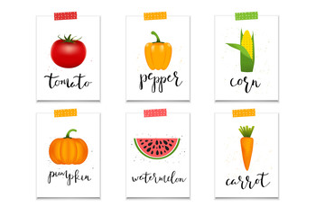 Sticker of Healthy vegetables and hand drawn lettering.