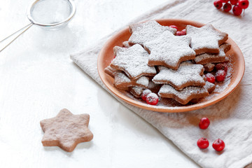 Traditional Christmas gingerbread cookies, stars in powdered sugar on the plate. Berries of red Rowan branch spruce.