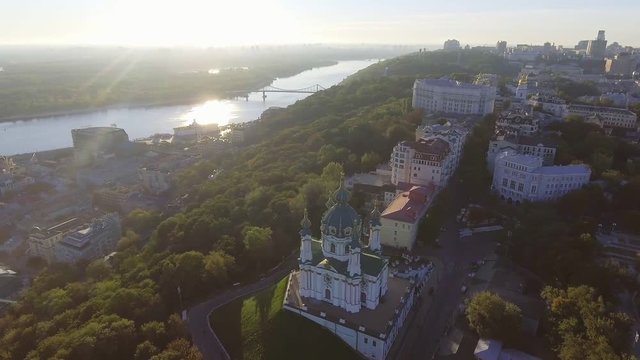 St. Andrew's Church (Kiev) Ukraine. Cityscape from a height. City panorama of Kiev. Andreevsky spusk city Kyiv.