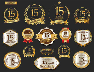 Anniversary golden laurel wreath and badges 15 years vector collection