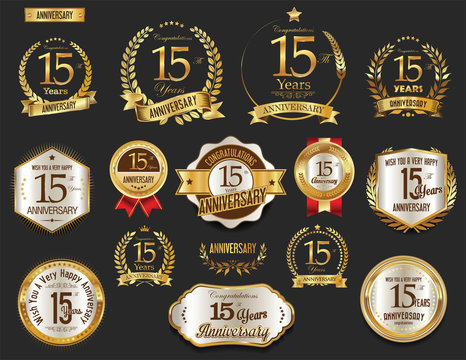 Anniversary Golden Laurel Wreath And Badges 15 Years Vector Collection