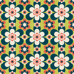 Abstract floral seamless pattern in mid-century modern colors, vector illustration with texture