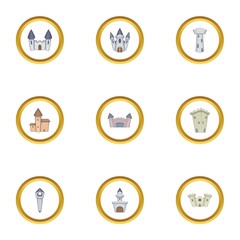 Ancient castle icons set, cartoon style