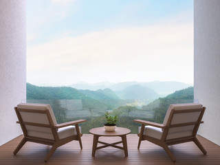 Room terrace with mountain view 3d rendering image. There are wood floor.Furnished with fabric and wooden furniture. There are glass railing overlooking the surrounding nature and mountain - obrazy, fototapety, plakaty