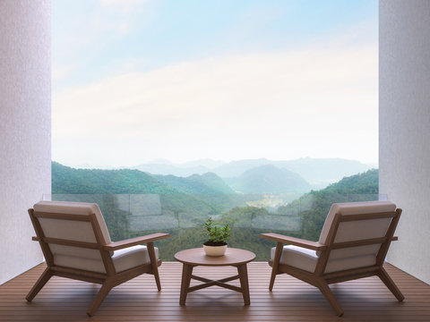 Room terrace with mountain view 3d rendering image. There are wood floor.Furnished with fabric and wooden furniture. There are glass railing overlooking the surrounding nature and mountain