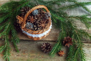 Christmas decorations on a wooden background