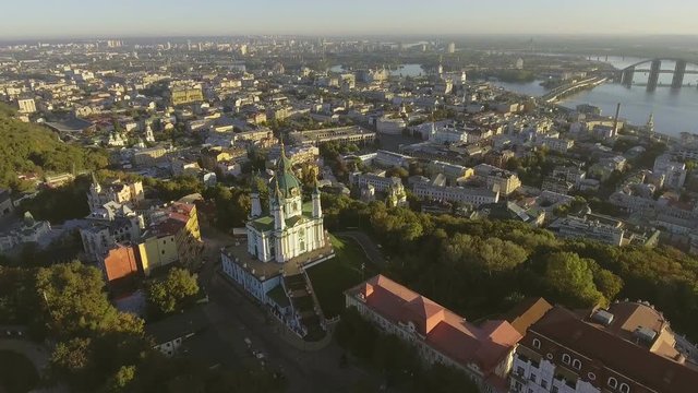 St. Andrew's Church (Kiev) Ukraine. Cityscape from a height. City panorama of Kiev. Andreevsky spusk city Kyiv.