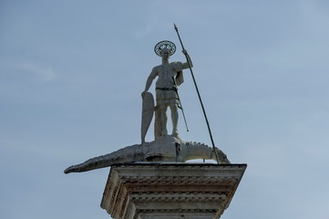 Statue of St. Theodore on column in the piazza San Marco, Venezia, Venice, Italy, Europe