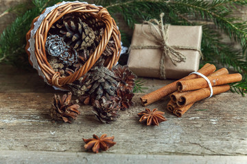 Christmas decorations on a wooden background