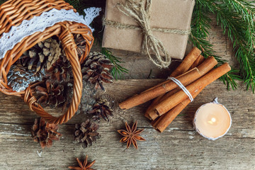 Christmas decorations on a wooden background