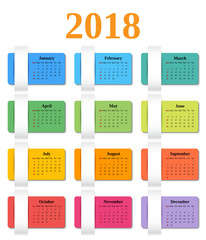 Calendar 2018 year. Week starts Sunday. Vector. Colorful design stationery template. Yearly calendar organizer. 