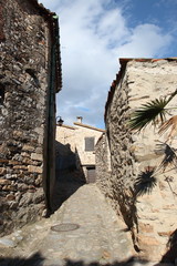 Street in french village of Castelnou in Pyrenees orientales, France
