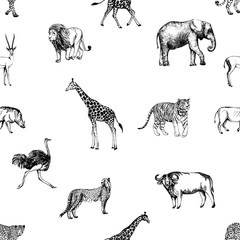 Seamless pattern of hand drawn sketch style animals. Vector illustration isolated on white background.