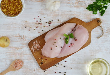 Chicken Cooking Fillet Pepper Salt Rosemary Lemon Oil Vegetables Wooden Table Preparation Lifestyle Healthy Concept