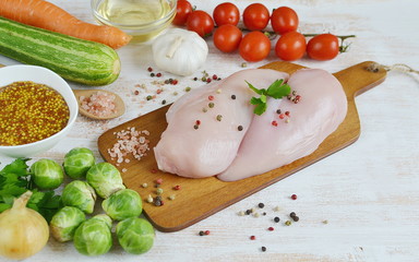 Chicken Cooking Fillet Pepper Salt Rosemary Lemon Oil Vegetables Wooden Table Preparation Lifestyle Healthy Concept