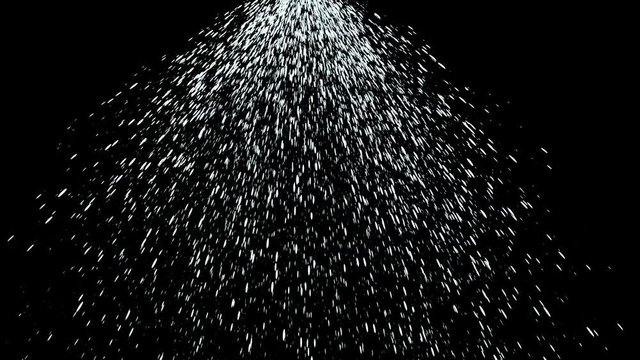 Animated shower or sprinkler on black background. Mask included. Particles spreading beyond the width of screen.