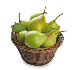 Basket with delicious ripe pears on white background