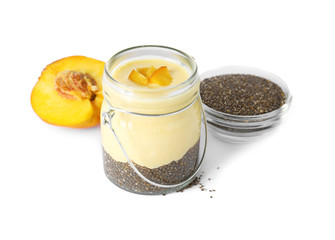 Smoothie with chia seeds in jar on white background