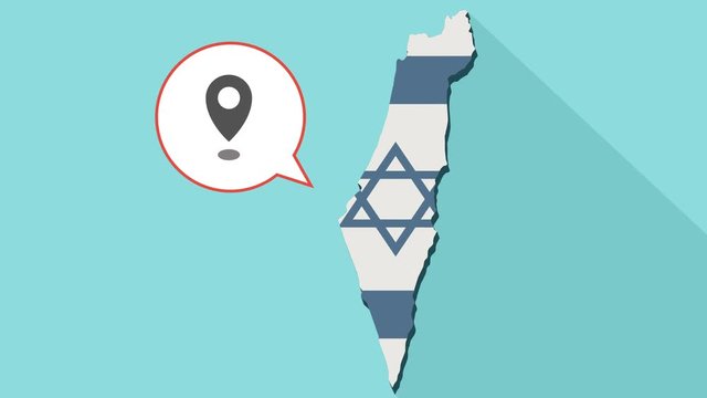 Animation of a long shadow Israel map with its flag and a comic balloon with a map mark