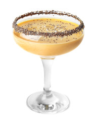 Smoothie with chia seeds in glass on white background