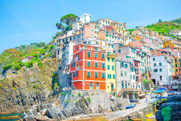Fototapeta na wymiar View on architecture of old italian village Riomaggiore is one of the most popular old village in Cinque Terre, taly
