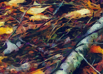Autumn forest cover. Fallen leaves and spruce needles. Painted on canvas watercolor and oil artwork. Good for printed picture, postcard, posters and wallpapers. Can be use as colorful artistic texture