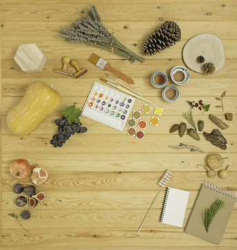 Overhead shot of a desk with autumn treasures
