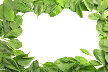 Frame made of fresh spinach leaves on white background