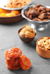 Dried apricots on table