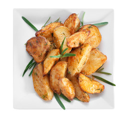 Delicious baked potatoes with rosemary on plate, isolated on white