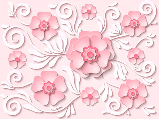 Beautiful light pink paper cut out floral background with flowers and leaves. Vector illustration
