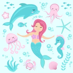 Papier peint photo Sirène Cute set Little mermaid and underwater world. Fairytale princess mermaid and dolphin, octopus, seahorse, fish, jellyfish. Under water in the sea mythical marine collection  © Lucia Fox