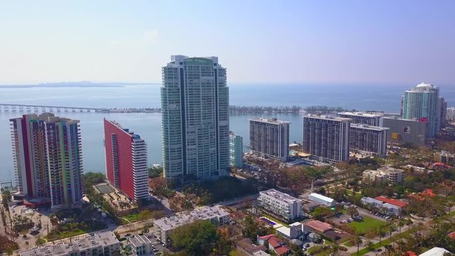 Aerial shot bayfront condominiums on Brickell Miami