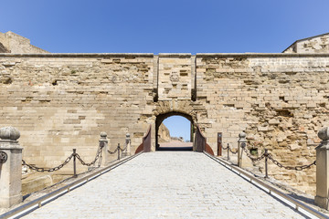 Drawbridge inside the fortress (old Cathedral hill) of Lleida city, Catalonia, Spain