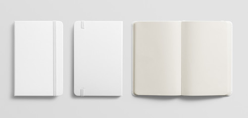 Blank photorealistic notebook mockup on light grey background.  - obrazy, fototapety, plakaty