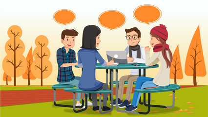 Group meeting in a outdoor and autumn. relax concept. Friendship at every opportunity situation. Best environmental school.