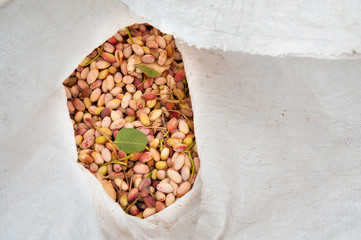 Harvest season: white sack full of just picked pistachios of Bronte, Sicily