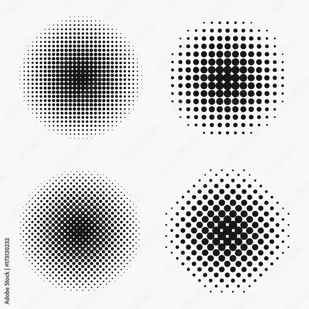 Poster circle halftone effects set. monochrome dots semitone element. vector illustration.
