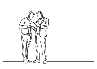 continuous line drawing of two men standing talking about document