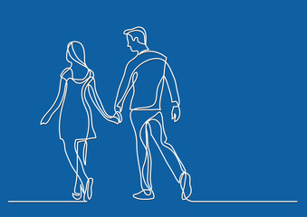 continuous line drawing of young couple walking together