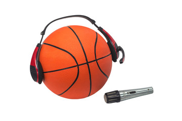 Basketball with headphones and a microphone on a white background.