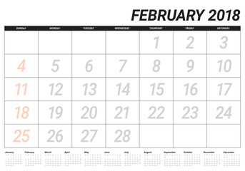 February 2018 calendar planner vector illustration